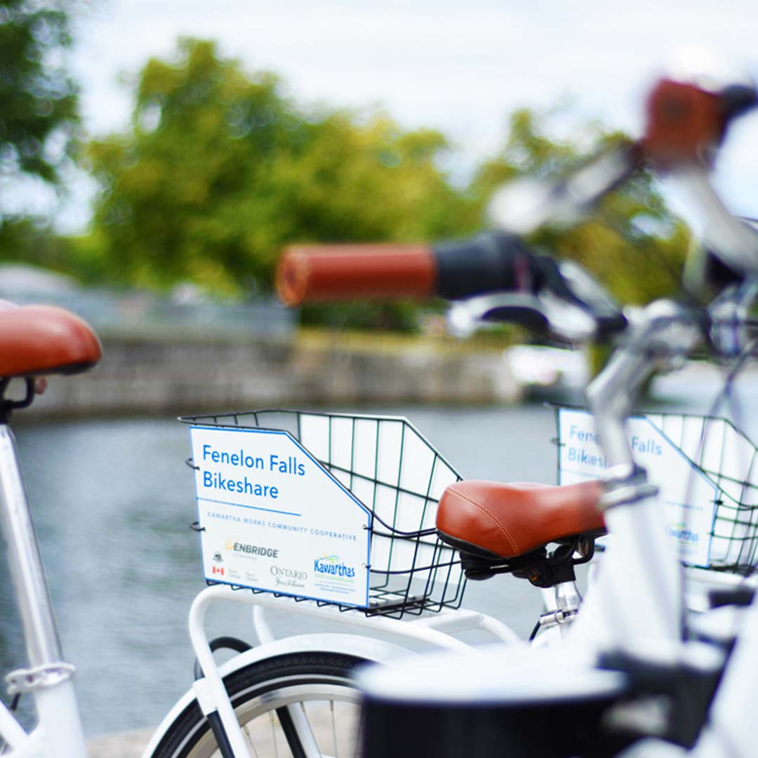 Image of bike handles and baskets, the Bike Share program.